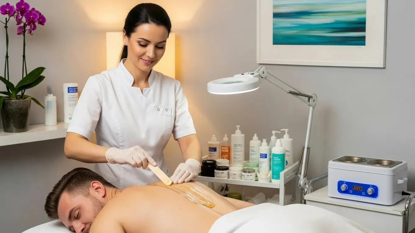 Professional back waxing treatment in a clean salon environment